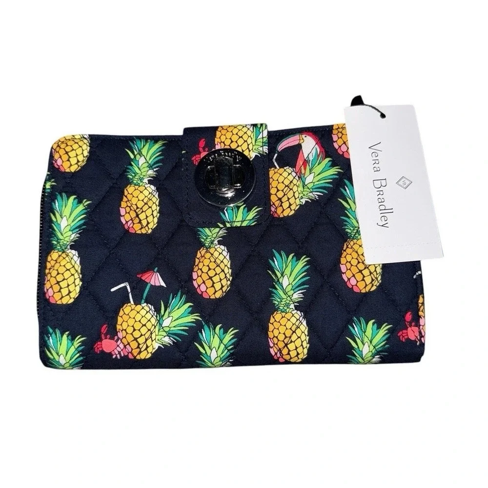 New Vera Bradley Navy Toucan‎ Party with Pineapples RFID Turnlock Wallet
